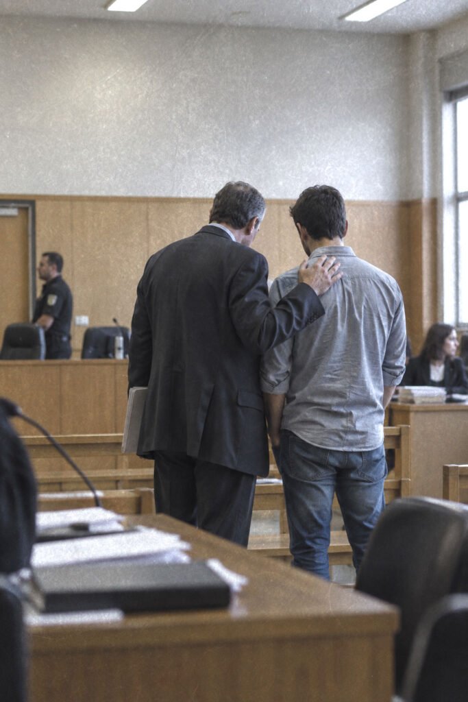 Abogado defensor apoyando a su cliente en una sala de audiencias durante un juicio penal